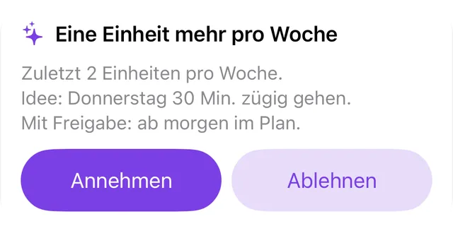Vorschlag des KI-Coachs mit den Schaltflächen Bestätigen und Ablehnen