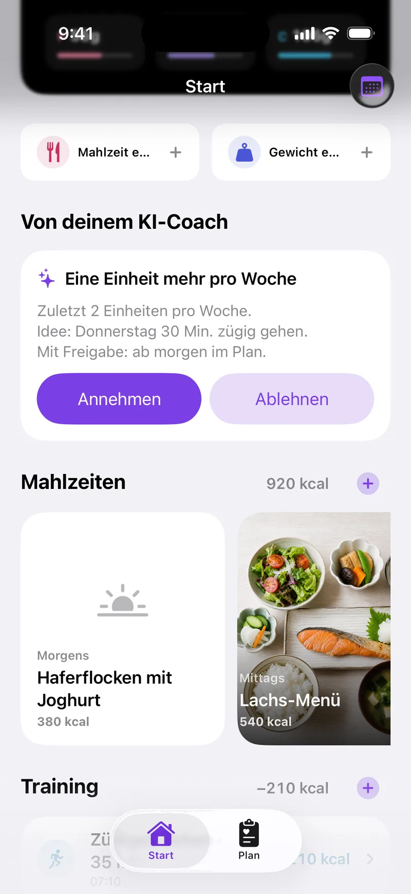 Startbildschirm mit einem Vorschlag des KI-Coachs, den heutigen Mahlzeiten und Sport