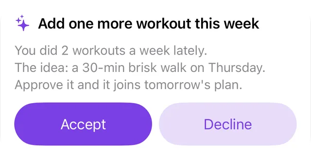 Suggestion from the AI coach with Accept and Decline buttons