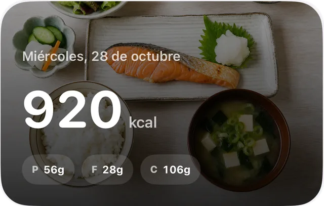 Tarjeta con una foto de comida y 920 kcal en total