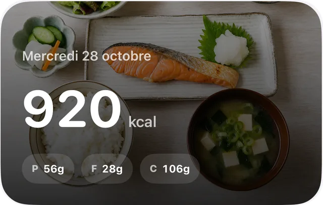 Carte avec une photo de repas et un total de 920 kcal