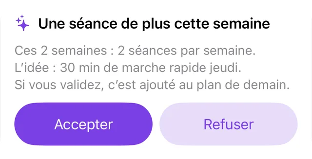 Suggestion du coach IA avec les boutons Approuver et Passer