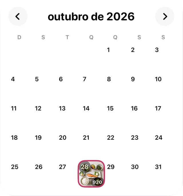 Calendário de outubro com uma foto de refeição em um dia