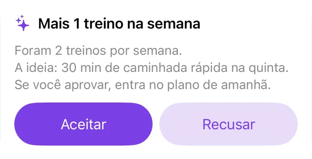 Sugestão do coach de IA com os botões Aprovar e Dispensar
